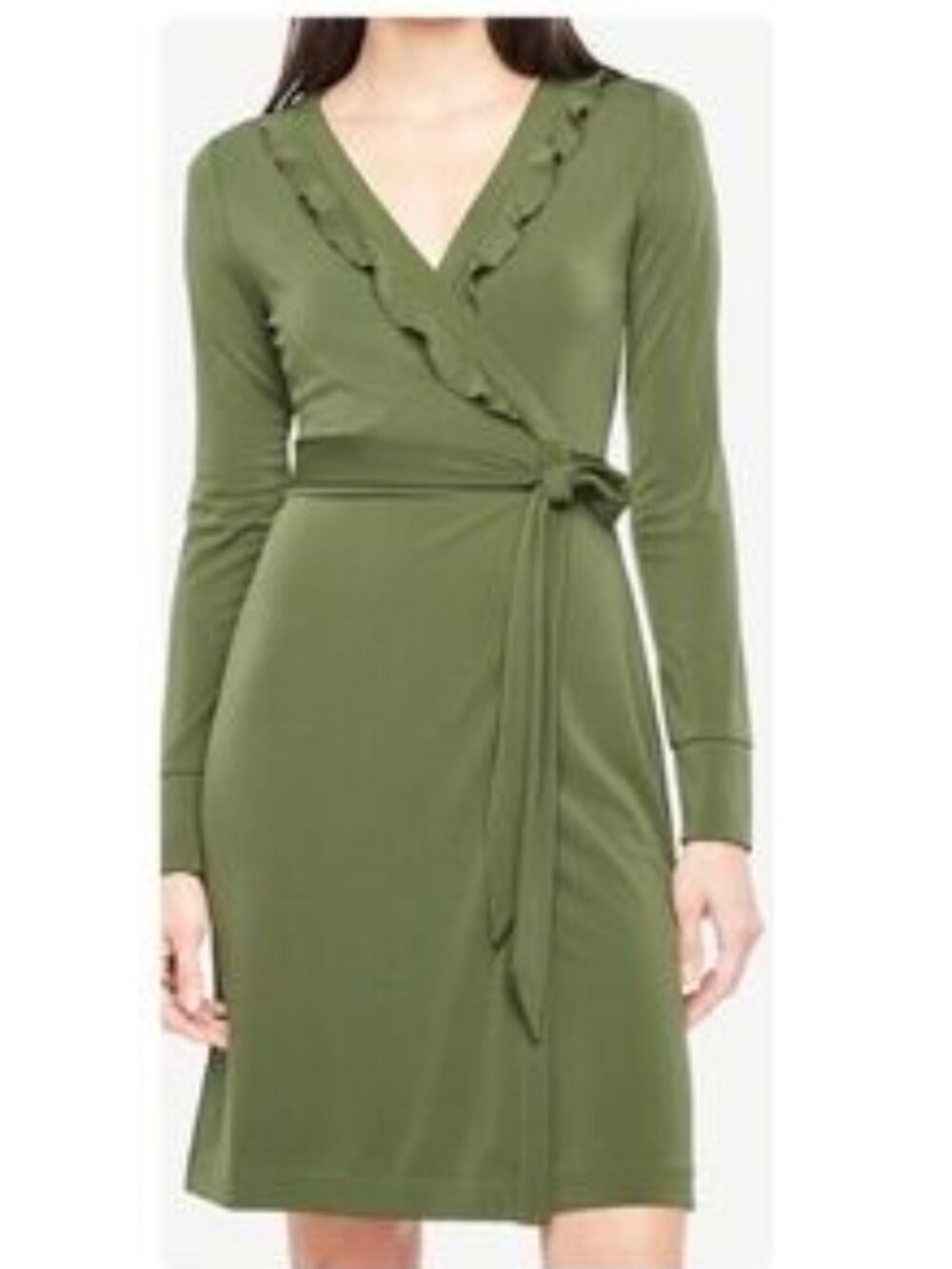 Ann Taylor Ruffled Military Green Wrap Dress with Ruffle Trim